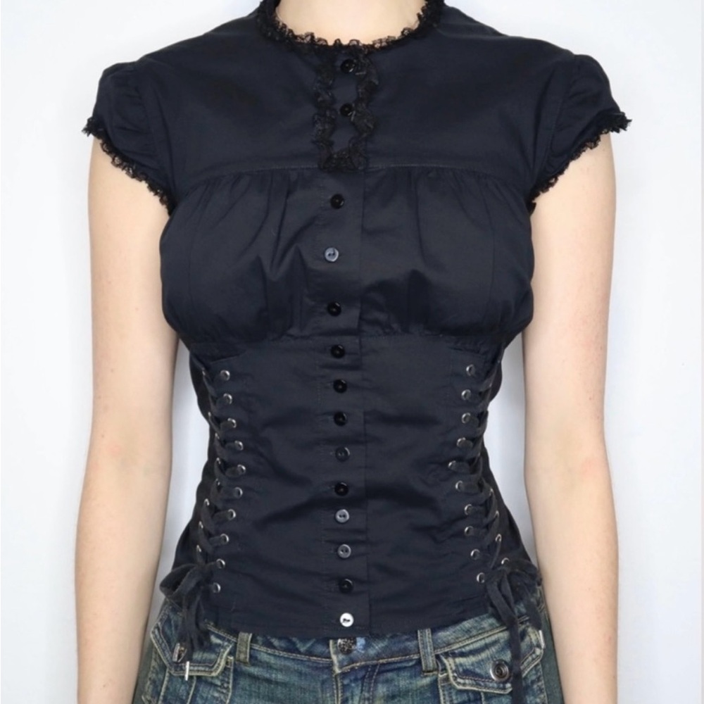 Black lace up button down w/ lace trim